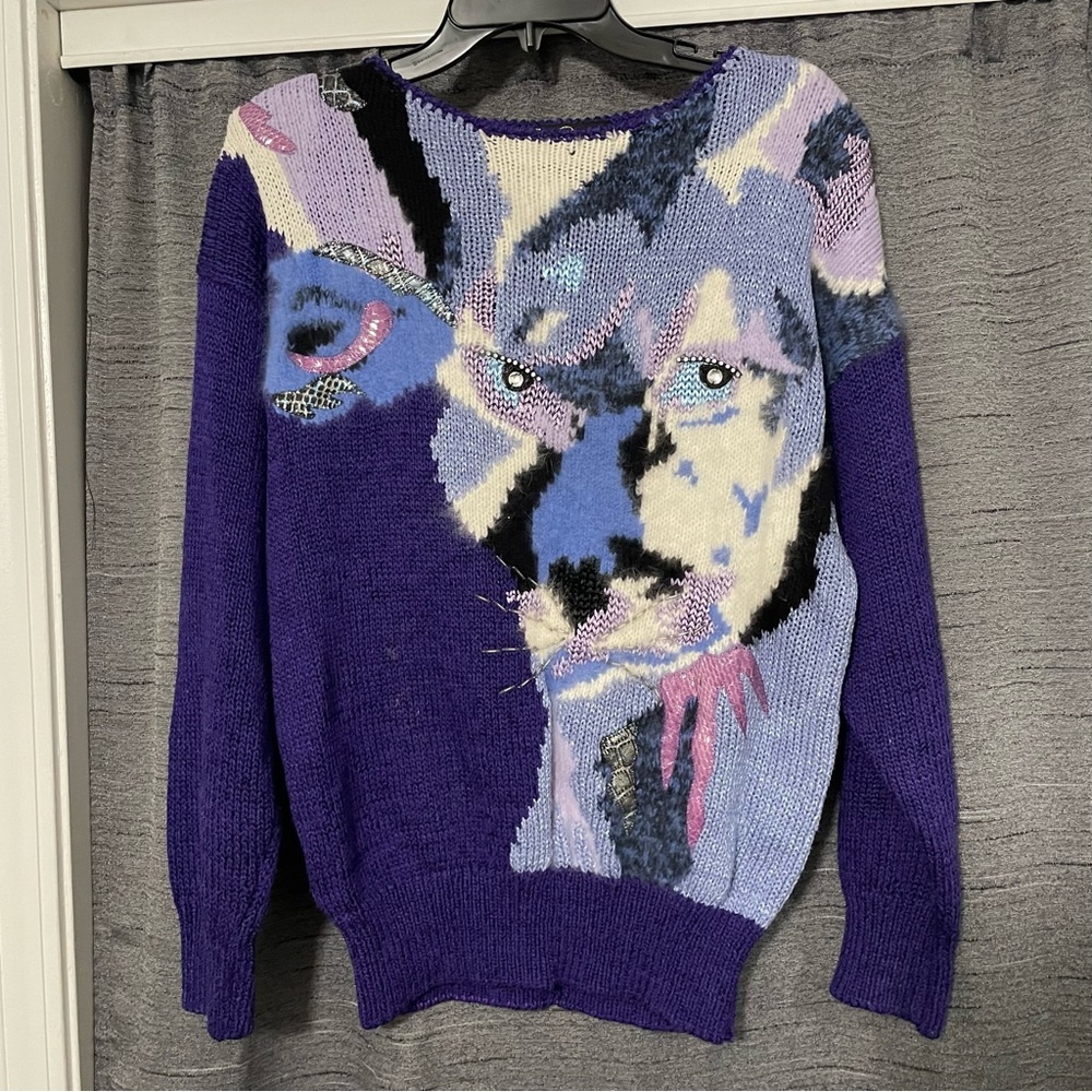 VTG 90s Christine Phillipe Sweater Angora Purple Grunge Beaded Sweater Animal
